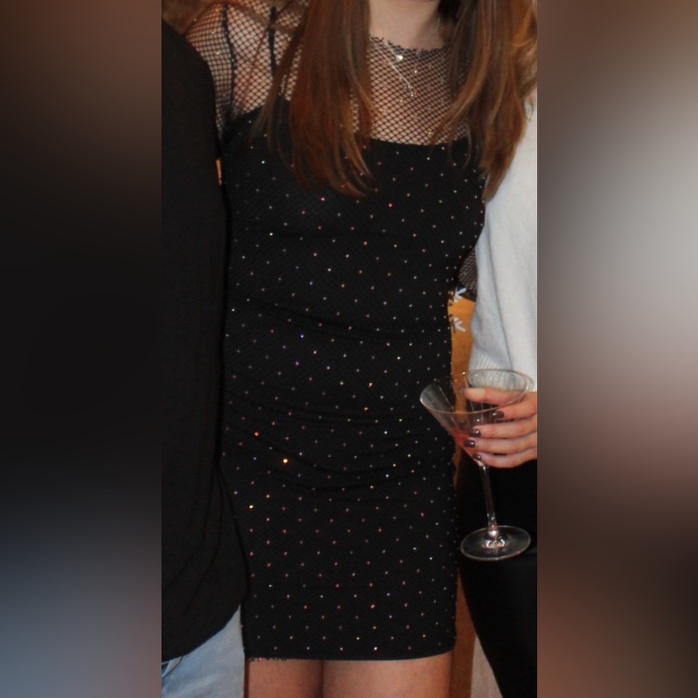 Express Mesh Rhinestone Long Sleeve Mini Dress - Picture 2 of 6